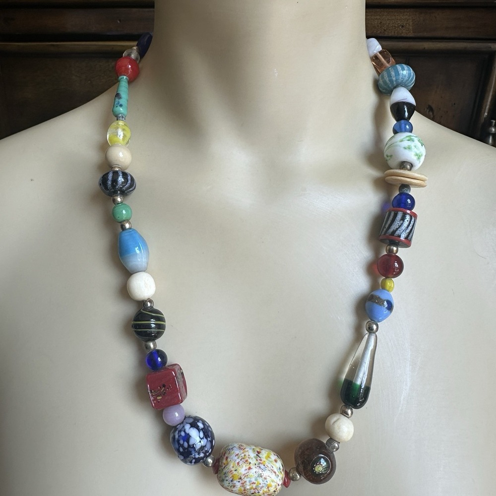 VTG Beaded Necklace 22 Inch Artisan Lamp Art Glass Multicolor Freeform Hippie - Picture 7 of 8